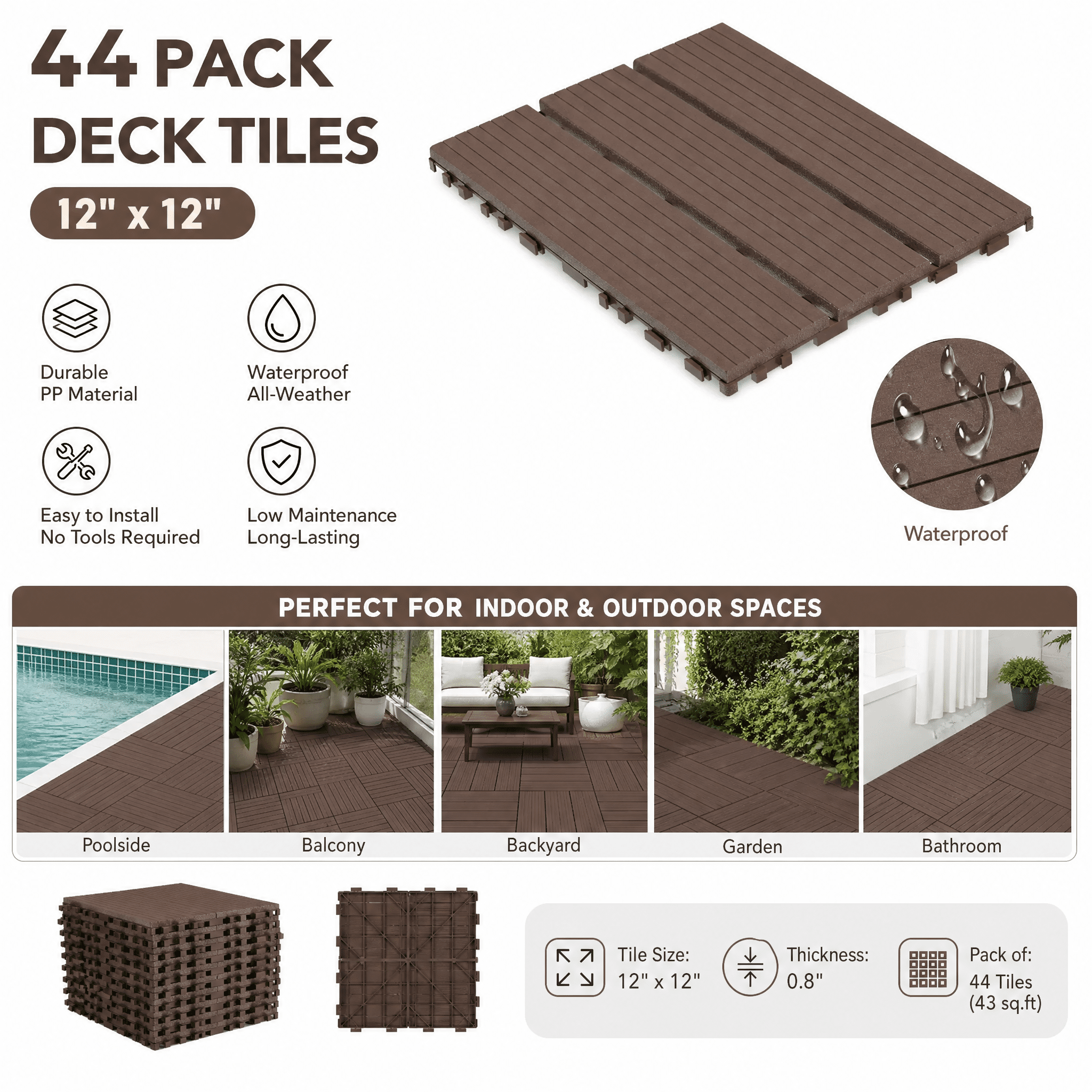 Deck Tiles 44 Pack 12"x12" Waterproof All-Weather Patio Floor Tiles PP Material for Poolside Balcony Backyard Garden Porch Bathroom Indoor & Outdoor Use