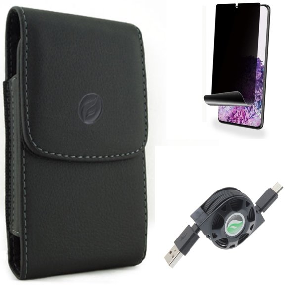Privacy Screen Protector w Case Belt Clip w USB Cable for Samsung Galaxy S20 Plus - TPU Film [NOT GLASS] [Fingerprint Works], Leather Holster Cover, Retractable Type-C Charger fits Galaxy S20 Plus