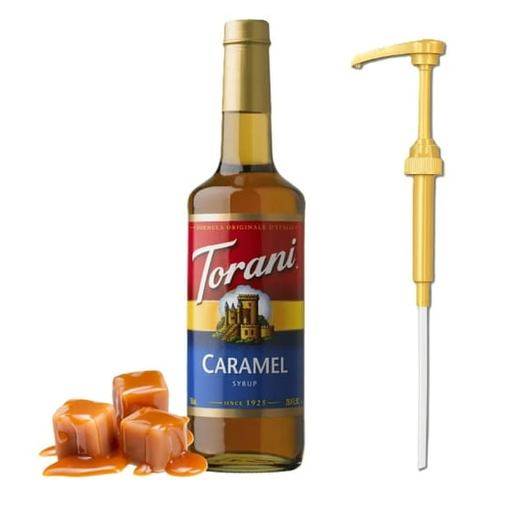 Torani Caramel Flavouring Syrup, 25.4 fl oz (750ml) Glass Bottle with Absol Gold Pump