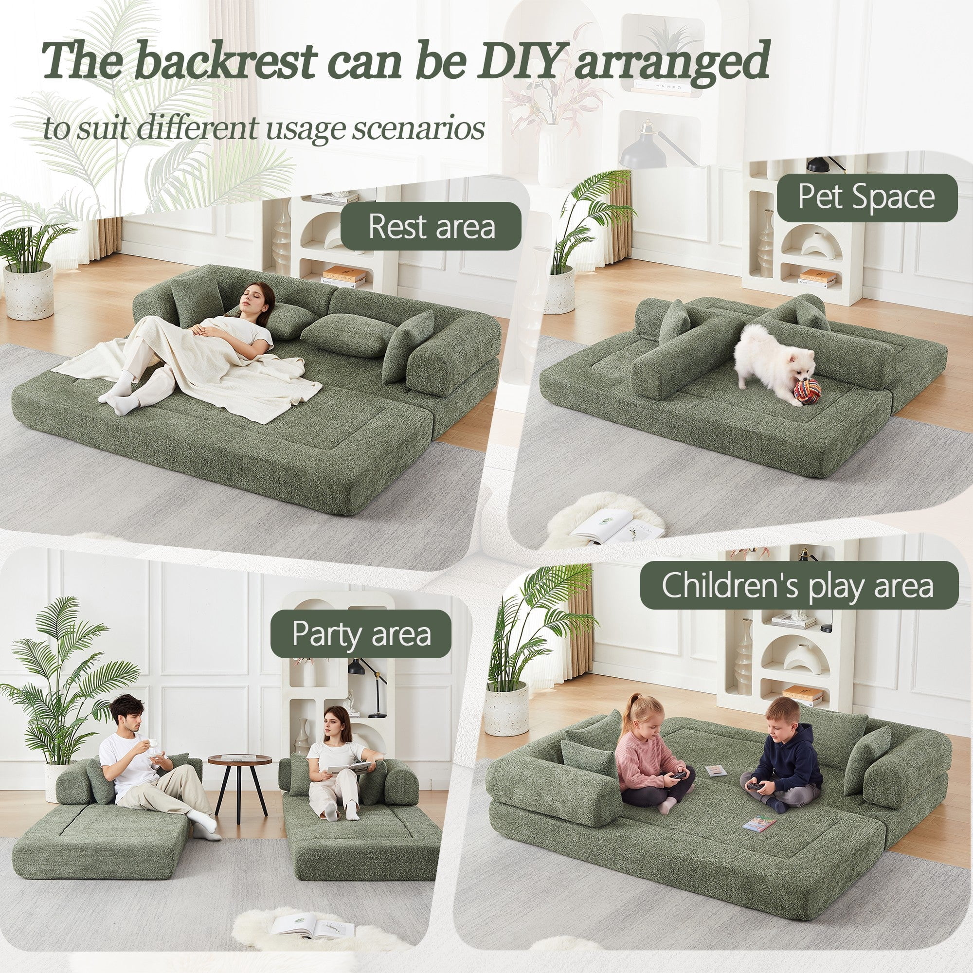 Sailvan 78.9" Convertible Sleeper Sofa, Modular Chenille Folding Mattress Sofa Bed with 4 Pillows, No Assembly Floor Lounge for Living Room Green