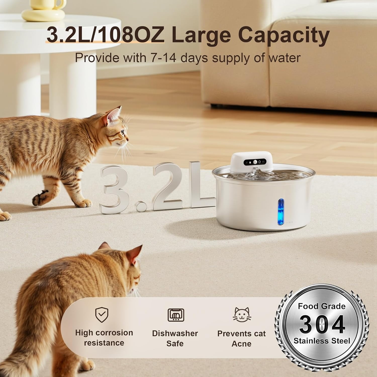 12 Upgraded Wireless Smart Stainless Steel Dog & Cat Water Fountain, 108-oz