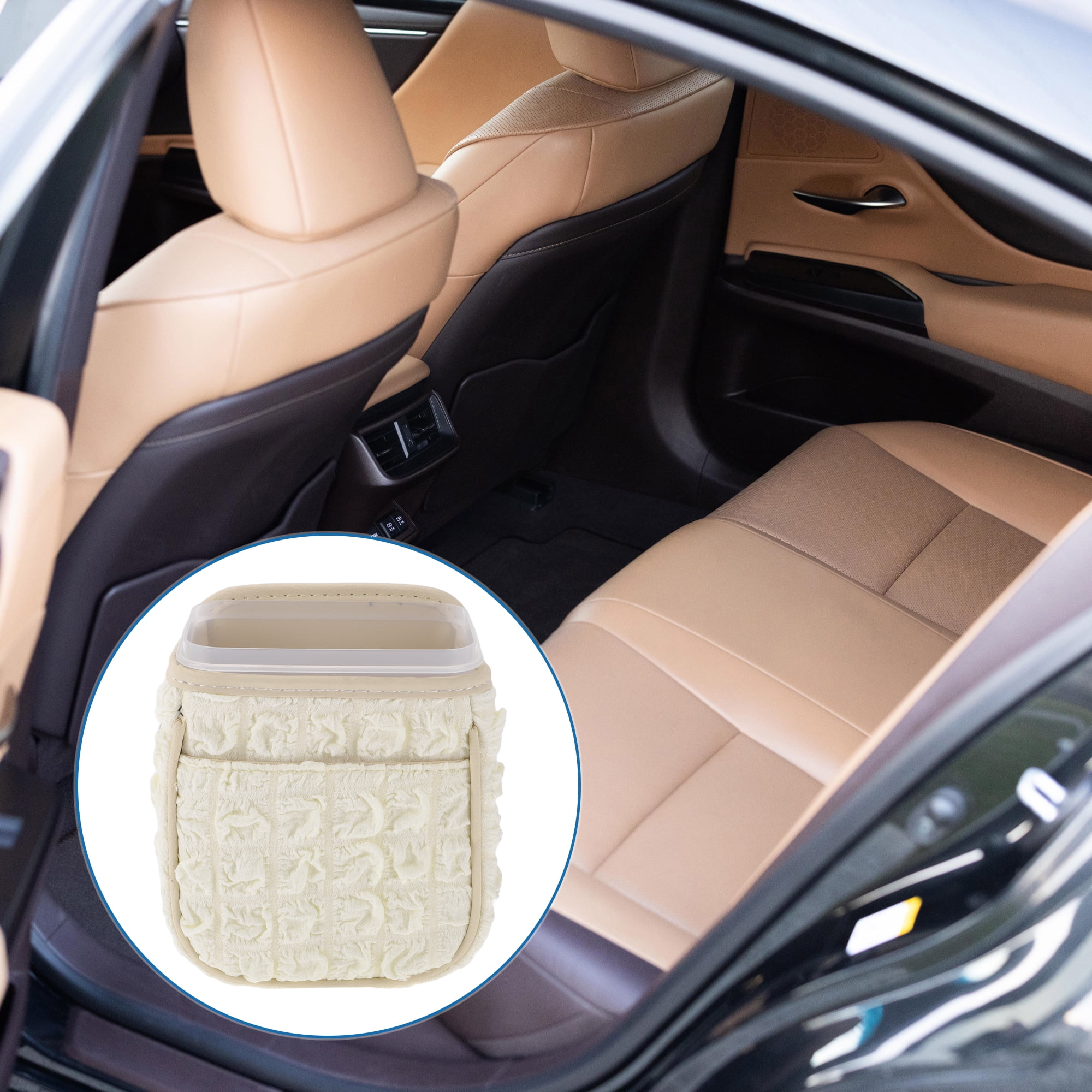 Unique Bargains Car Trash Can Hanging 5.9x4.3x7.5in Bin Fabric 1 Pcs Beige White