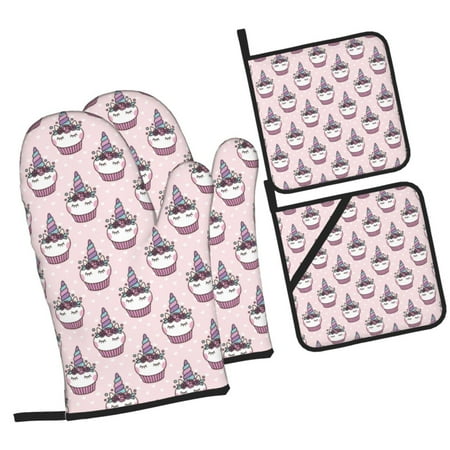 

Pofeuu Cute Cupcake Print Oven Mitts and Pot Holders 4 pcs Set High Heat Resistant 500 Degree Extra Thicken Long Kitchen Cotton Oven Glove for Cooking