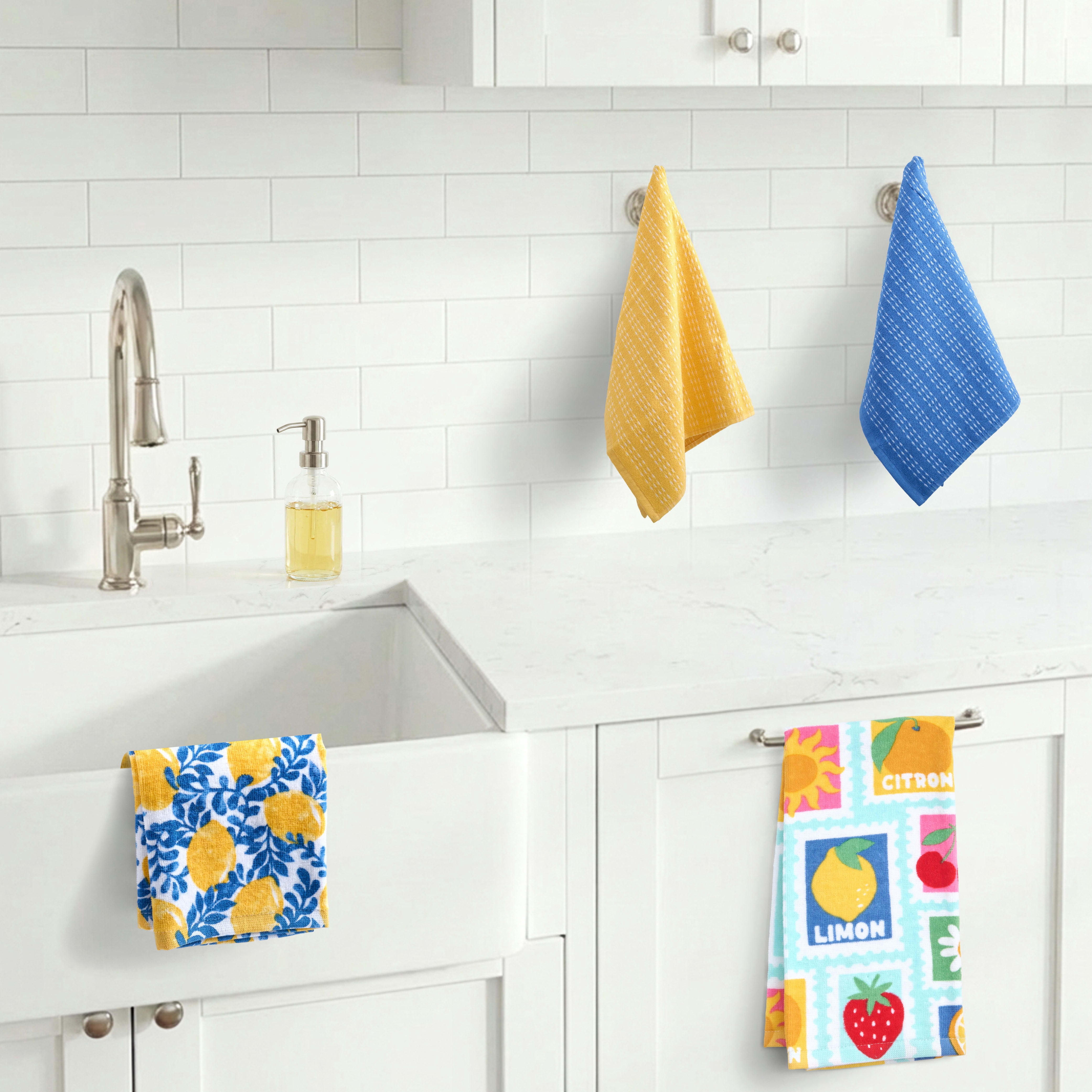 RITZ 100% Cotton Summer Kitchen Towels, Set of 4, Citron Stamps Dish Towels Set