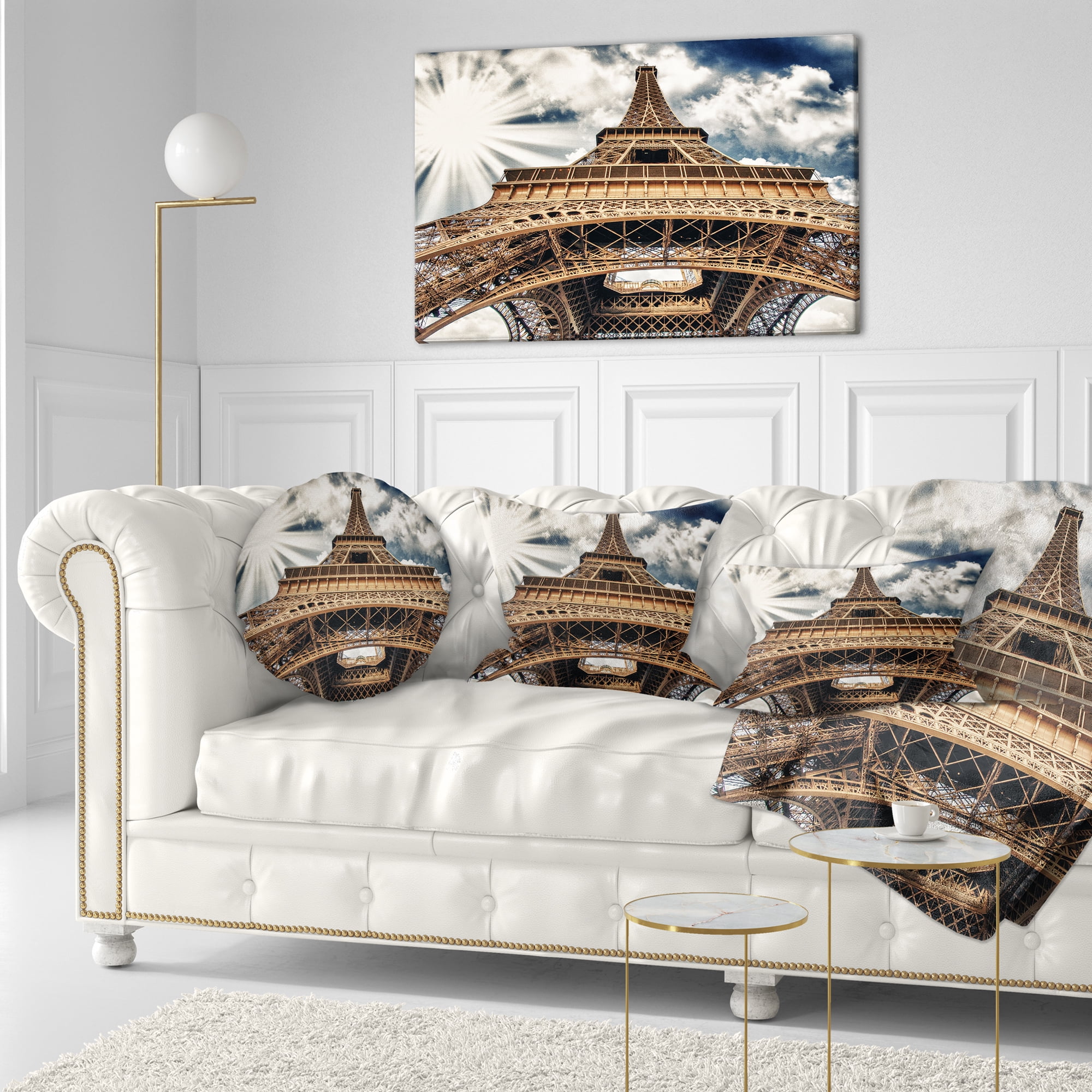 Designart Fisheye View of Paris Eiffel Tower - Cityscape Digital Throw Pillow - 12x20