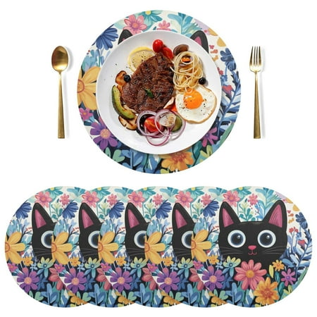 

Round Placemats Plate Mats 15 Inch Non-Slip Heat Resistant Washable PVC Set Table Decoration for Kitchen Dining Black Cat in The Flower