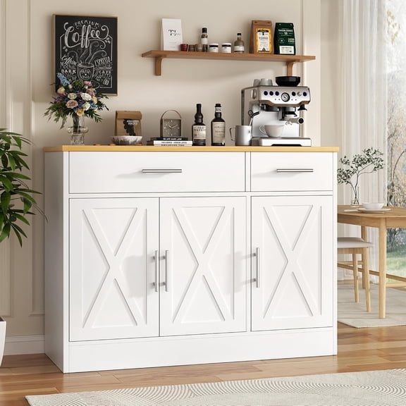43” Coffee Bar Cabinet, Farmhouse Buffet Cabinet with Storage, Sideboard Buffet with Drawers and Shelves for Kitchen, White