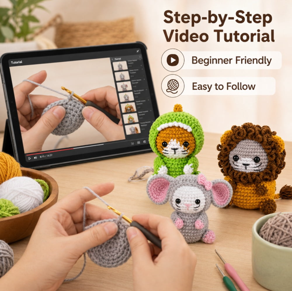 3 Pack Cat Crochet Kit for Beginners, Cat Amigurumi Starter Set with Step by Step Video Tutorials, TIKA