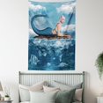 thumbnail image 5 of Mermaid Tapestry, Graphic Art Print of a Mermaid Girl on a Rock in the Sea Mythical Character, Wall Hanging for Bedroom Living Room Dorm Decor, 40" X 60", Navy Blue White, 5 of 6