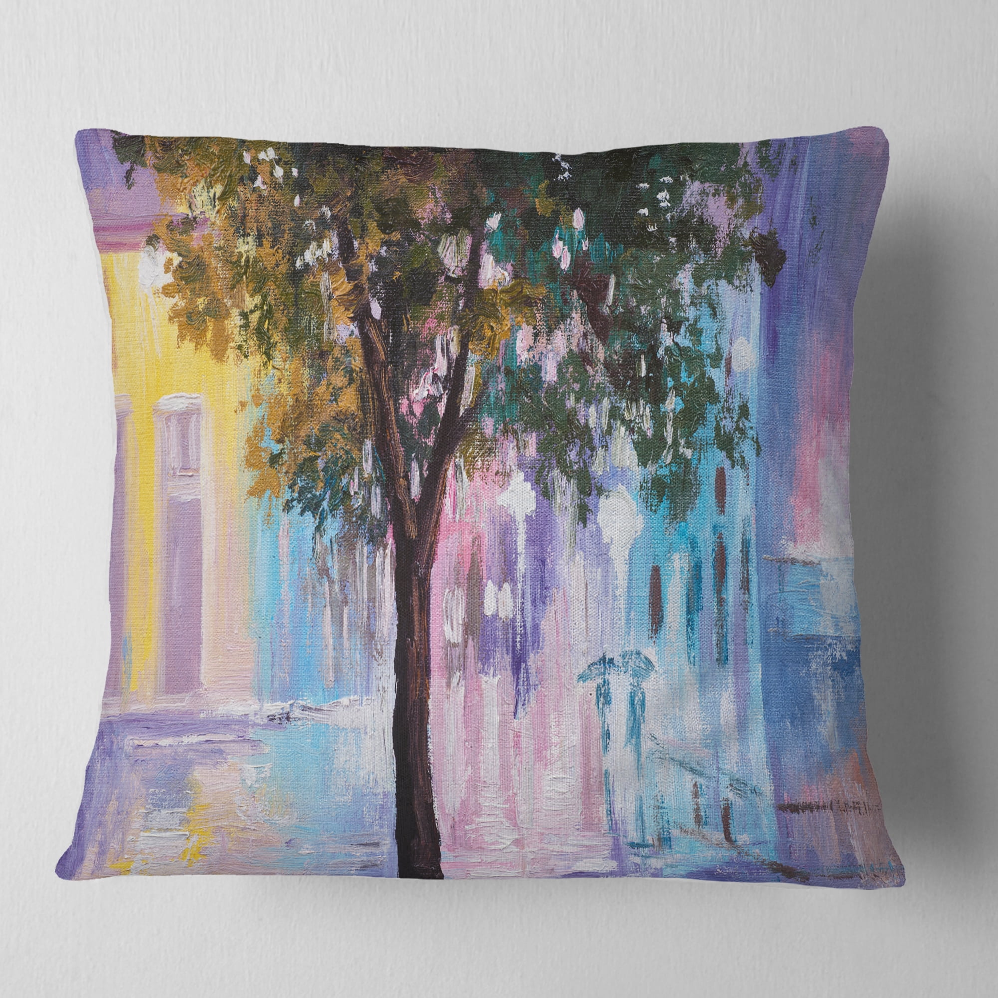 Designart Couple Walking in Rain - Landscape Printed Throw Pillow - 16x16