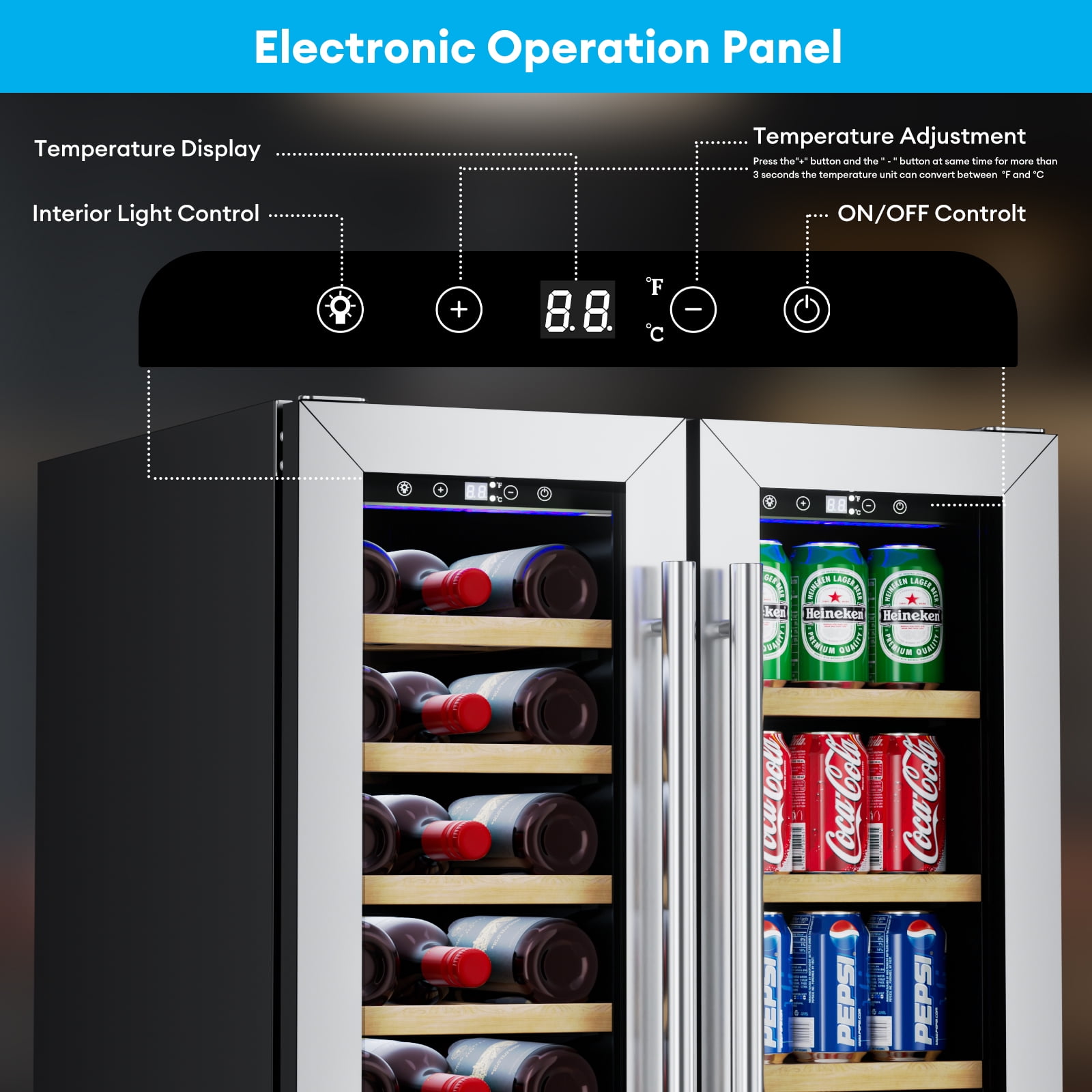 TABU 24 inch  Dual Zone Wine and Beverage Refrigerator,21 Bottles and 88 Cans,Built-in/Freestanding Wine Fridge for Home/Bar/Office,Digital Touch Control