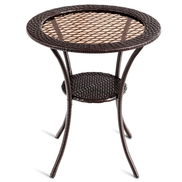 Patiojoy Outdoor Round Rattan Wicker, Round Rattan Garden Table With Glass Top