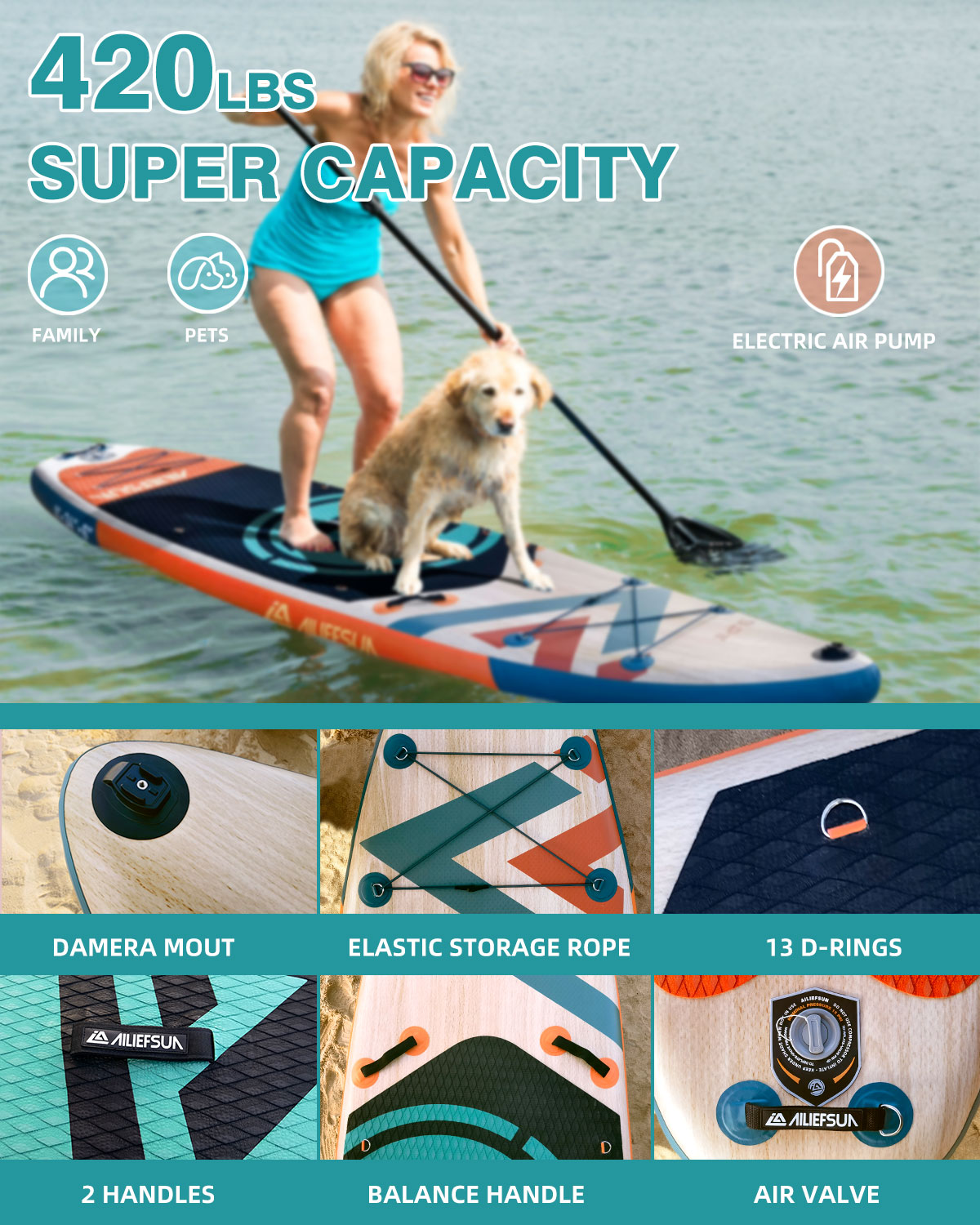 Electric Pump Wood Grain, 11'*34”*6“Ailiefsun Stand Up Paddle Board Inflatable Stable Sup Board with Fishing Paddleboards Accessories for Adults Youth Wide Non-Slip Deck Surfboard