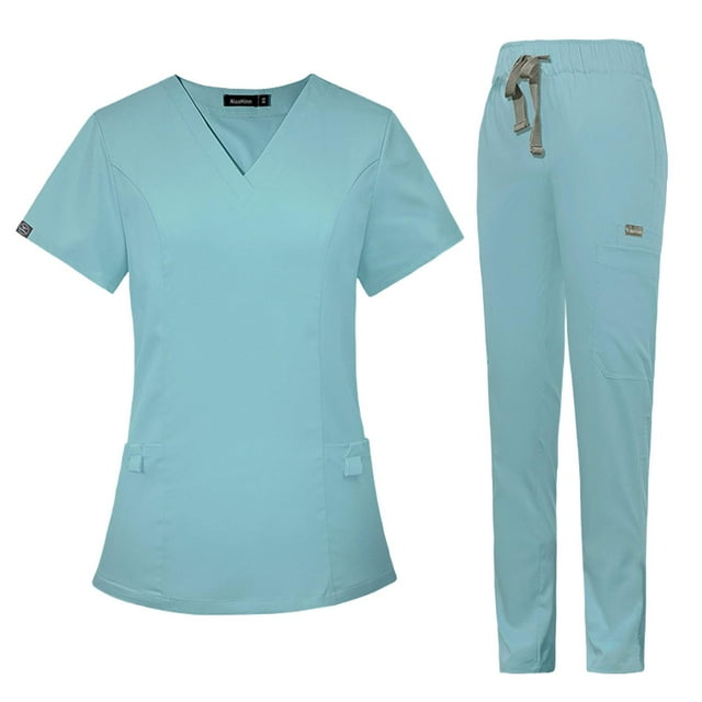Conjunto de exfoliación para mujer, pantalones deportivos con parte de uniforme de enfermería, disfraz de enfermera para salón de belleza SPA Azul claro L