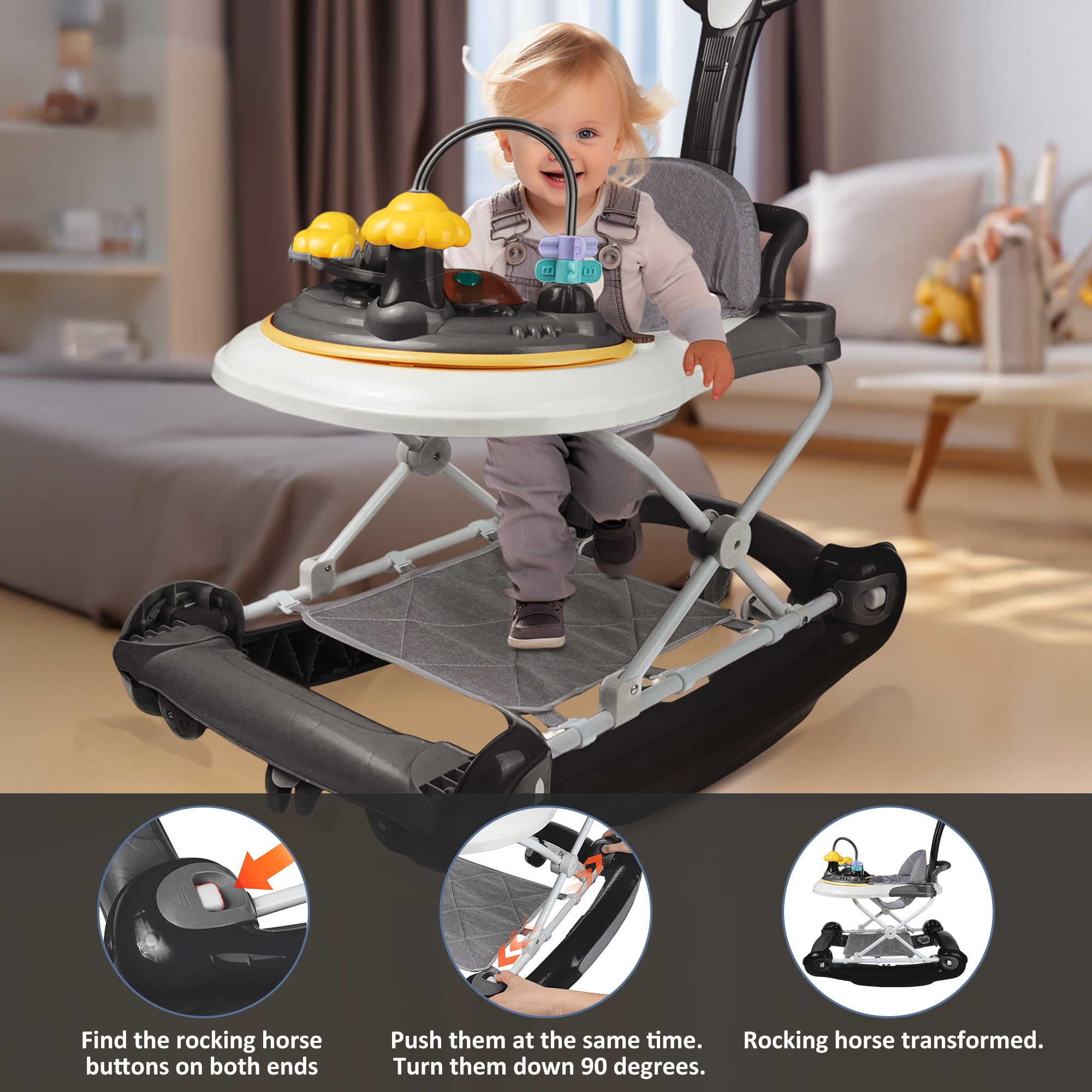 HAOUUCYIN 4-in-1 Baby Walker, Music Activity Push Walker with Wheel, Foldable and Height Adjustable, Black
