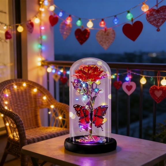 Fmbmuo Energy Efficient Mood Light Red Rose and Butterfly Valentine's Decorative Lights, Art Deco Glass Fluorescent Table Lamp Gift for Girlfriend