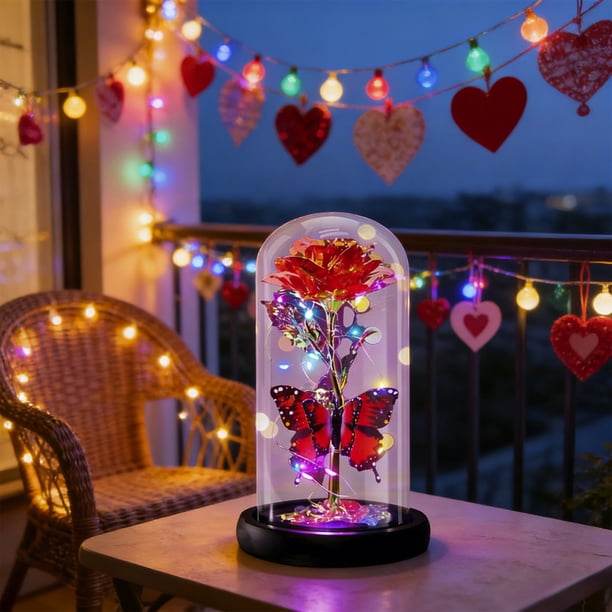 1Pcs 9.05x4.52" Glass Dome Preserved Rose Night Light with Red LED Lights and Butterflies Valentine's Day Birthday Gift for Women Featuring Glowing Roses and Starry Sky Design1Pcs Luz JASKFLY