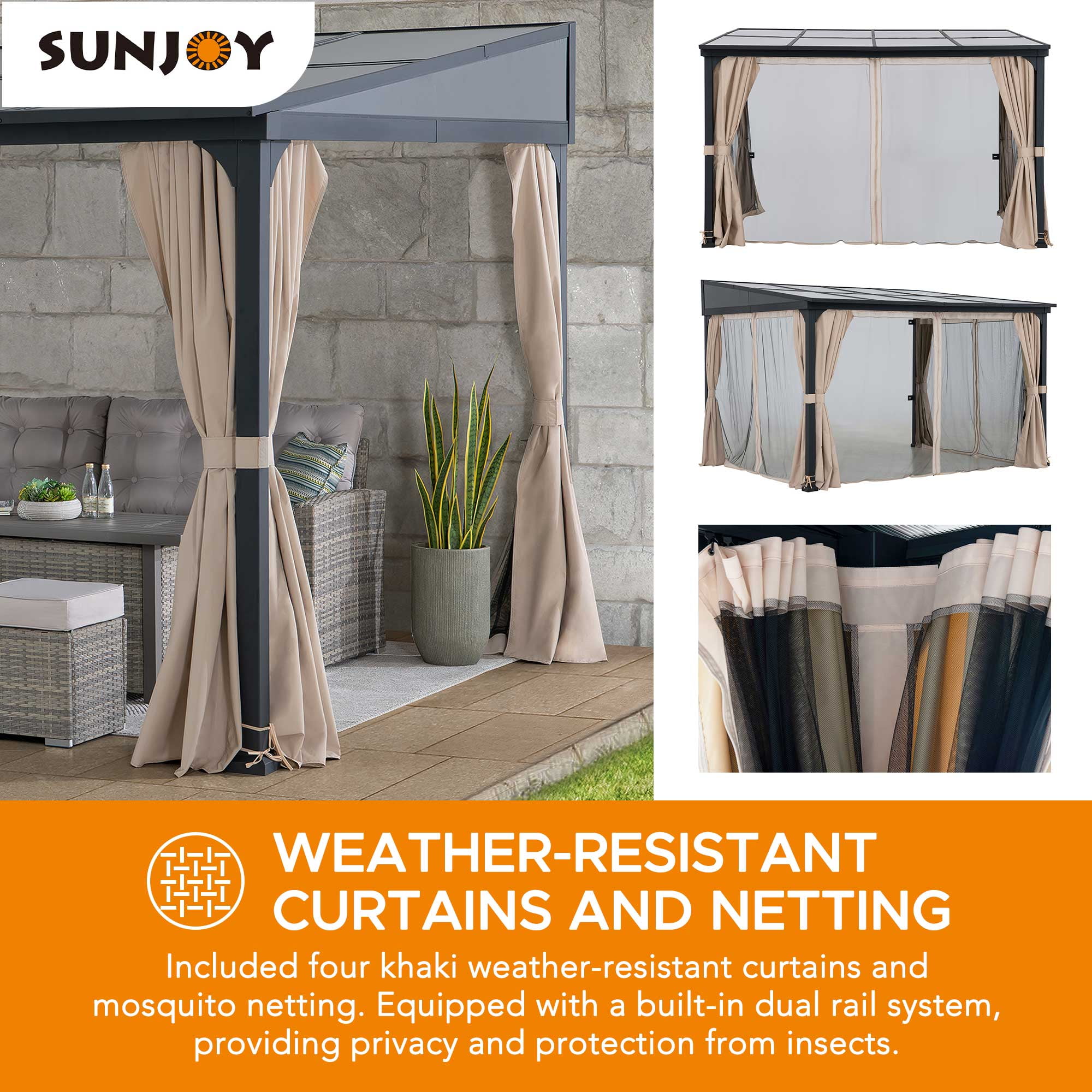 Sunjoy 10 x 12 ft Wall Mounted Gazebo with Polycarbonate Roof, Black Aluminum & Metal Frame Lean to Gazebo with Curtains and Netting