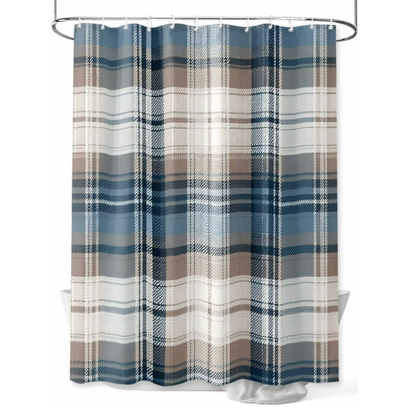 Fsddascl Blue Brown Plaid Shower Curtain Set - Standard 72" x 72" Washable Bathtub Curtain with 12 Hooks, Vintage Abstract Stripes Lattice Waterproof Fabric Stall Shower Curtains for Bathroom/Bathtub