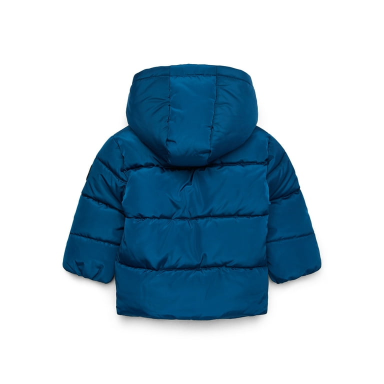BLUE PUFFER COAT WITH HIGH COLLAR AND HOOD, CHILD BLUE PUFFER COAT WITH HIGH COLLAR AND HOOD, CHILD