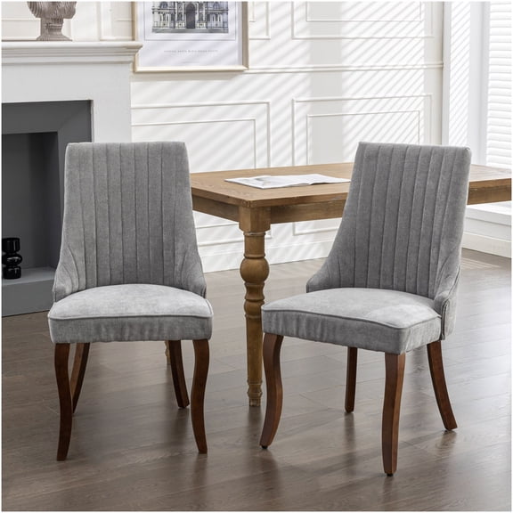 Gray Velvet Upholstered Dining Chairs Set of 2 with High Back and Curved Wood Legs for Kitchen and Dining Room