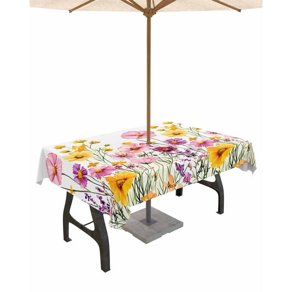 Fsddascl Botanical Flowers Outdoor Tablecloth - 54x80 Inch Rectangle Dining Table Cover, Rustic Seasonal Blooms Floral Herbs Waterproof Outdoor Table Cloth with Umbrella Hole & Zipper for Patio