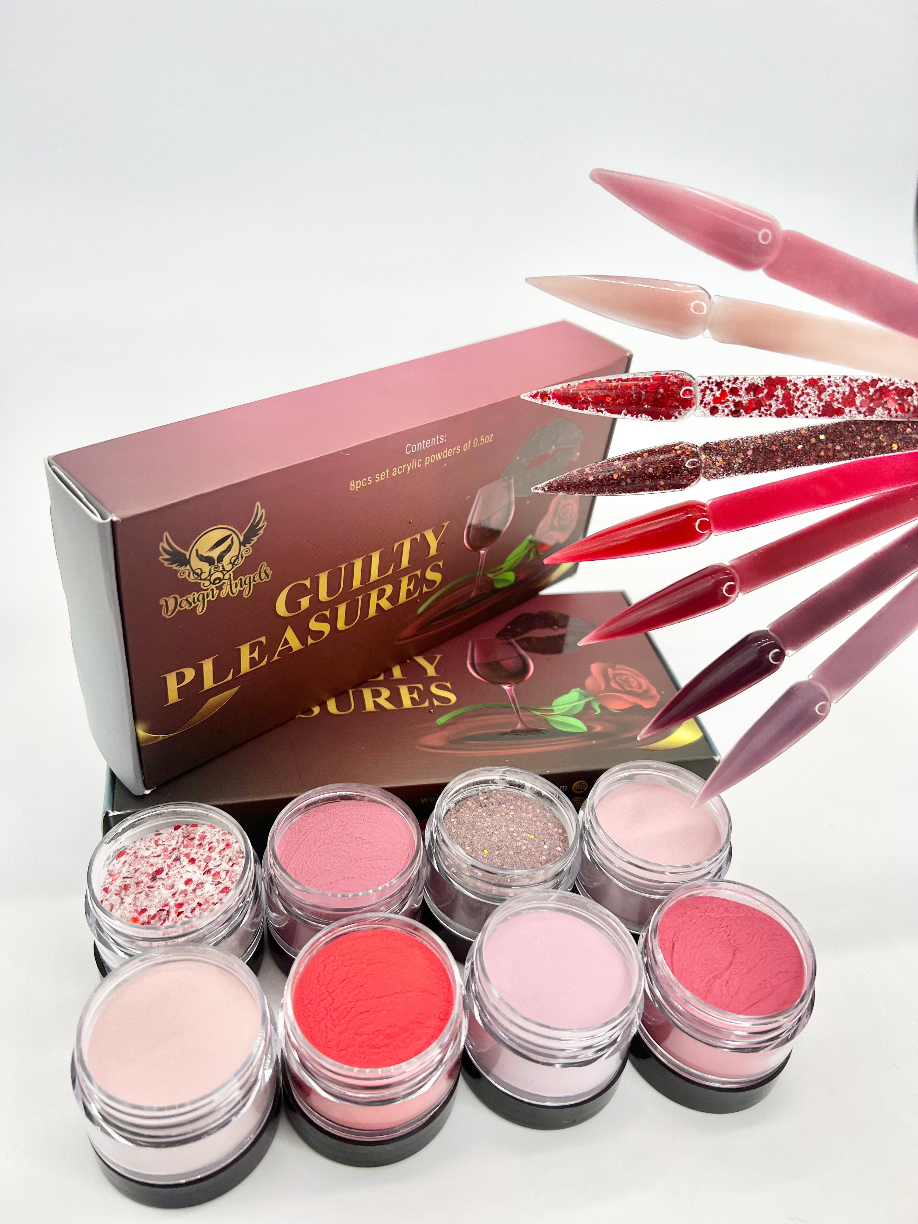 Design Angels Acrylic Nail Powder Set: 8 Colors, Seduction, Eye Candy, Wine a Little, Romance, Merlot, Soft Kisses, Moonlight, and Irresistible.