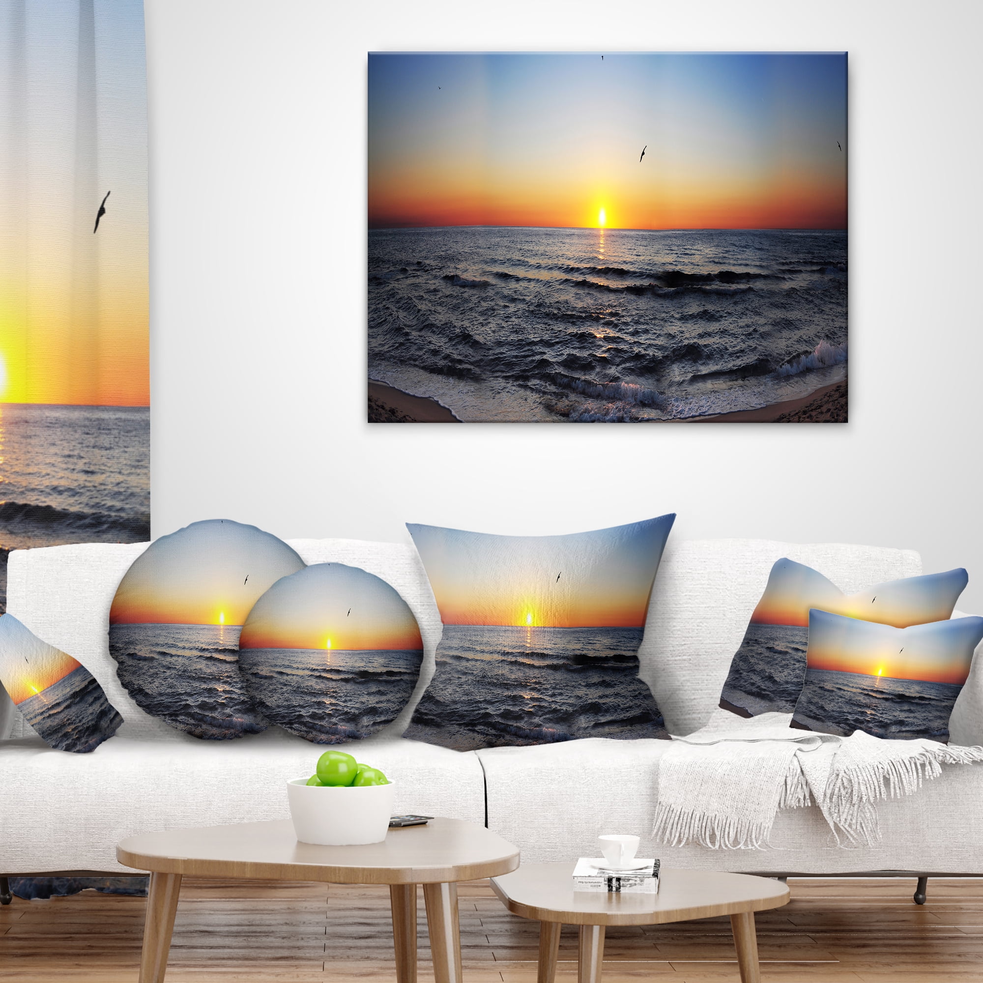 Designart Sunrise at Sea Panorama - Photography Throw Pillow - 16x16