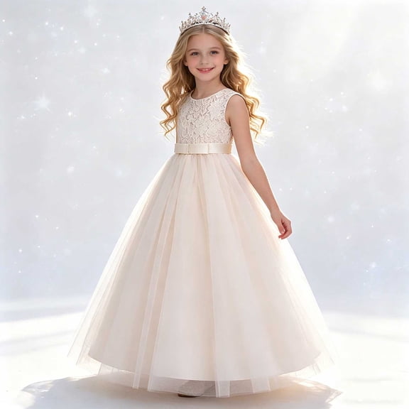 Babcutegg Elegant Sleeveless Round-Neck Summer Dress With Delicate Embroidery And Tulle Overlay For Girls Beige Size 14