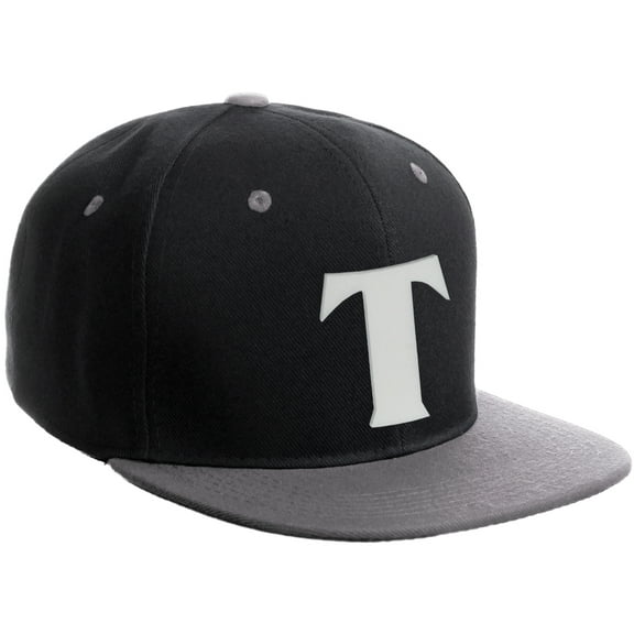 Daxton Classic Snapback Hat 3D Capital Alphabet Letters Flat Bill Visor Cap, Black Light Grey Hat White Letter T
