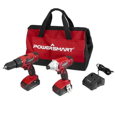 PowerSmart PS76300C 20V Cordless Drill and Impact Driver with Two Batteries and Charger