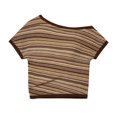 thumbnail image 3 of Womens Off the Shoulder Tops Short Sleeve Striped Shirt Slim Fit Hollow Out Crop Tops Summer Y2K Crochet Top Summer Going Out T Shirts(Khaki,XL), 3 of 3