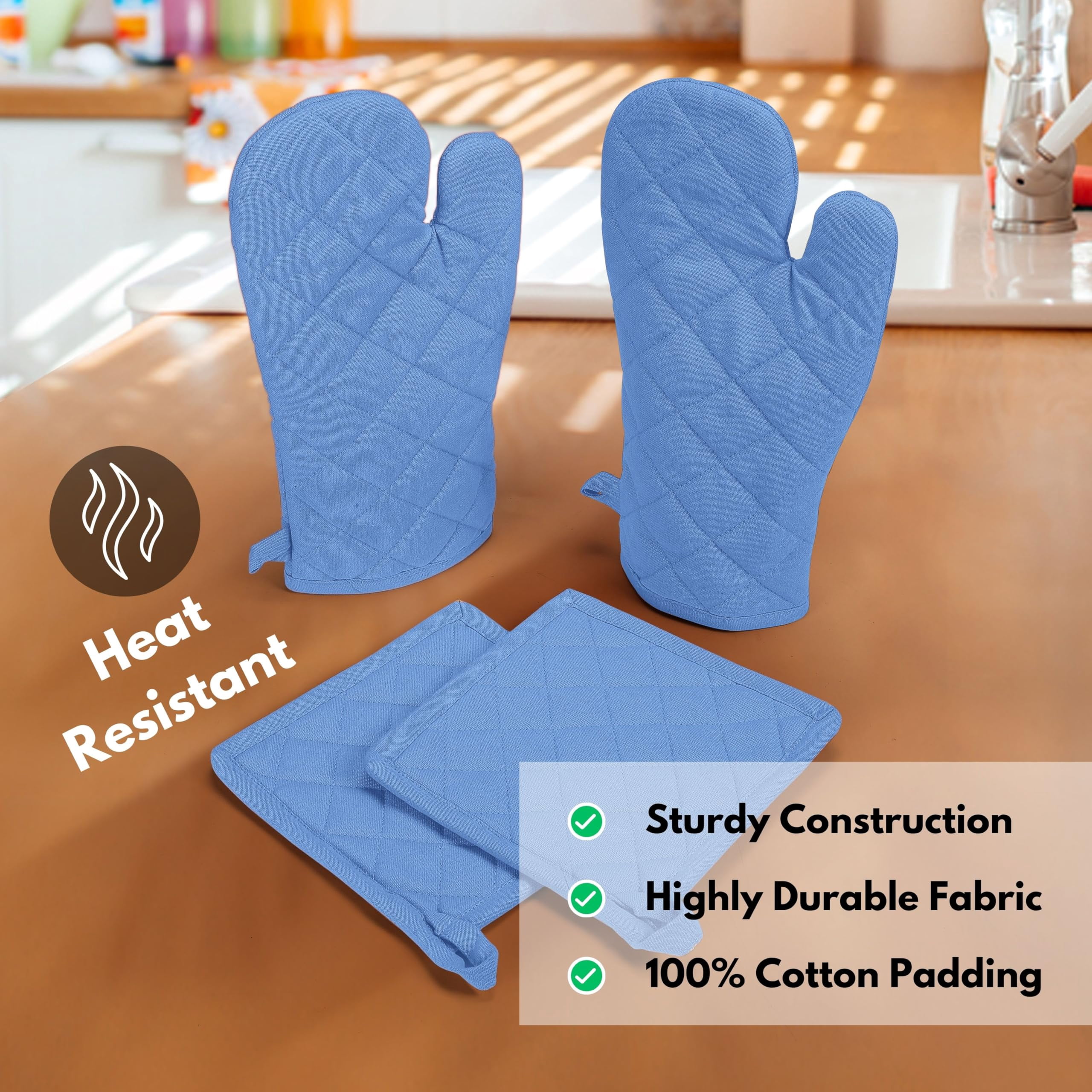 Native Fab 100% Cotton Oven Mitts & Pot Holders for Baking Cooking Hot Pans - 4 Pack - Sky Blue