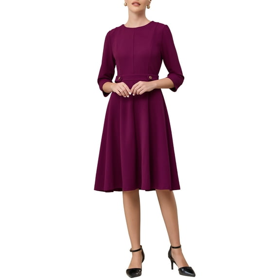 INSPIRE CHIC Women's Elegant A-Line Dress Crew Neck 3/4 Sleeve Wear to Work Fit and Flare Dresses S Purple