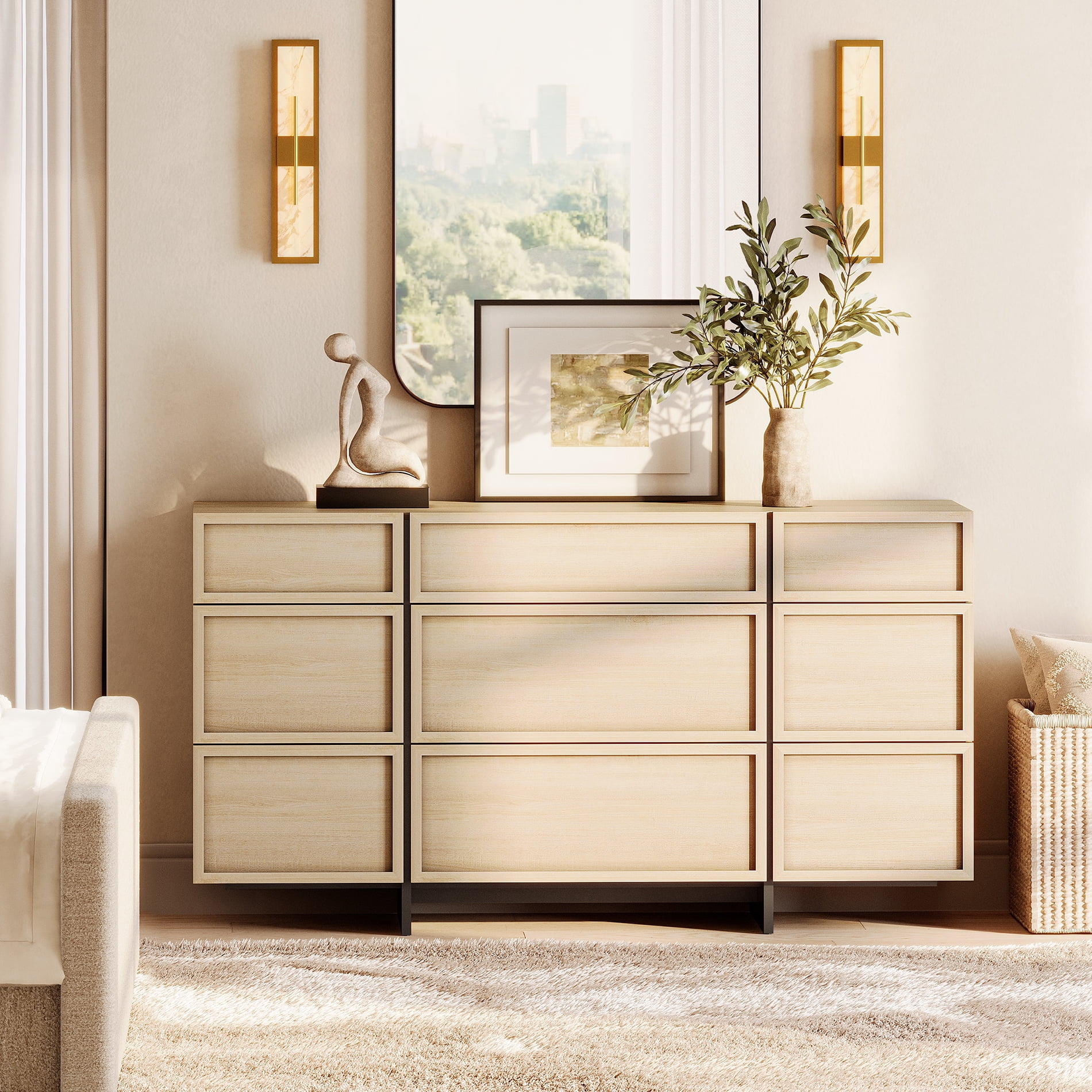 WAMPAT Modern 9-Drawer Wooden Dresser with Sturdy T-Shaped Wood Legs, Chest of Drawers & Closet Organizer for Bedroom, Hallway & Living Room Storage