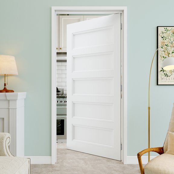 32"x80" 5-Panel Molded Solid Interior Prehung Door with Silver Hinges, Solid Core Door Slab, Paintable & Waterproof, Suit for Laundry, Closet Doors, Room Doors, Right Hand