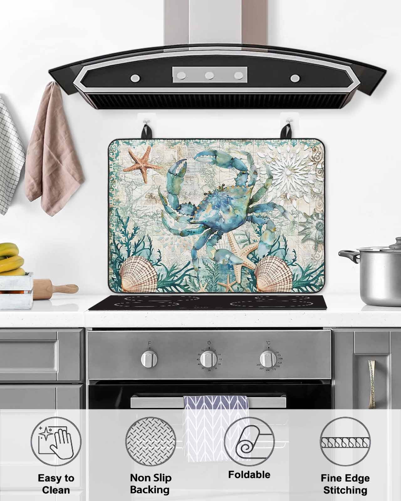 nqOlkjepod Large Induction Cooktop Protector Mat 24"x21", Coastal Crab Stove Top Covers for Electric Stove, Ocean Coral Starfish Nautical Map Stove Burner Cover Mats, Glass Top Stove Cover