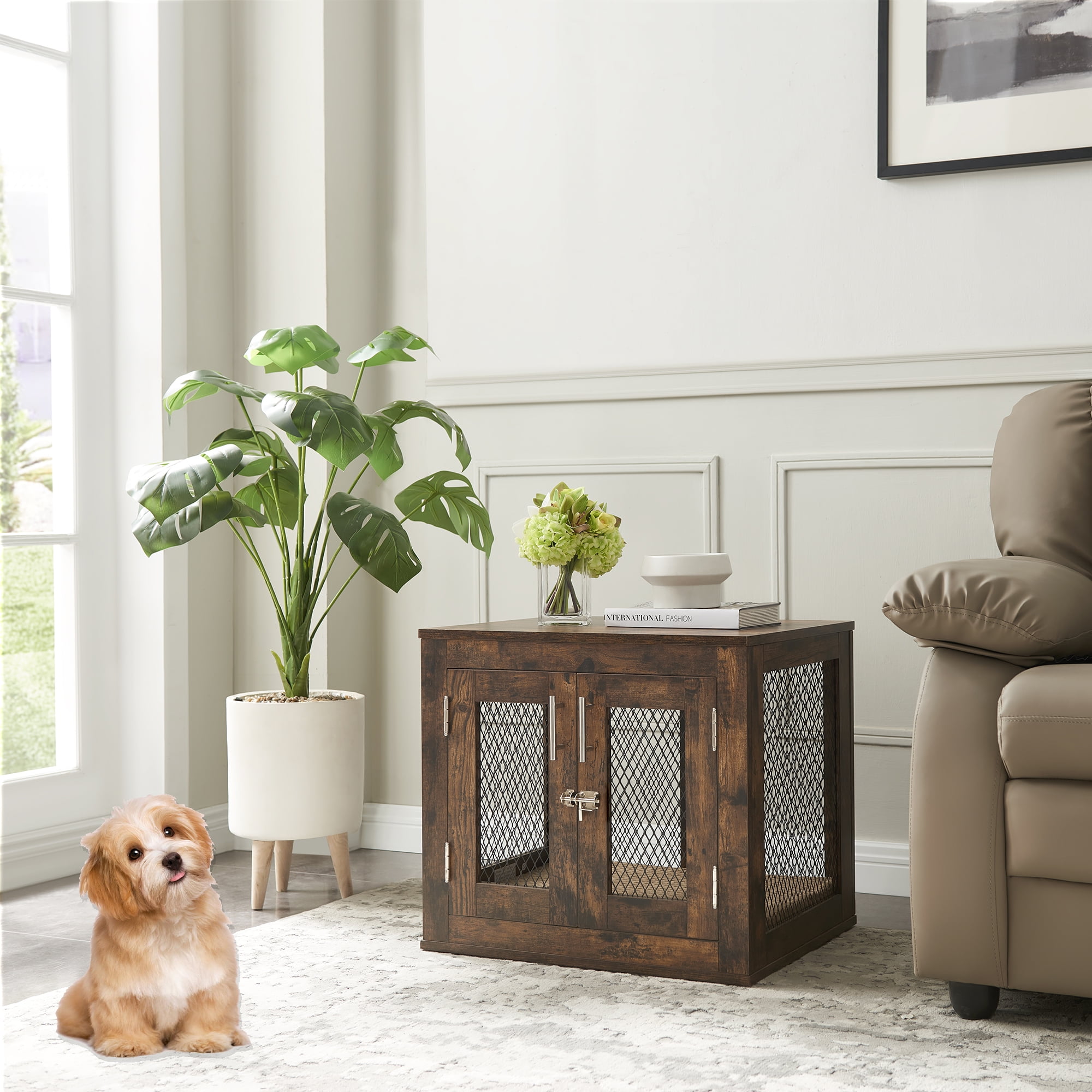 Unipaws Dog Crate Furniture, Wooden Dog Kennels with Tray, Small Pet