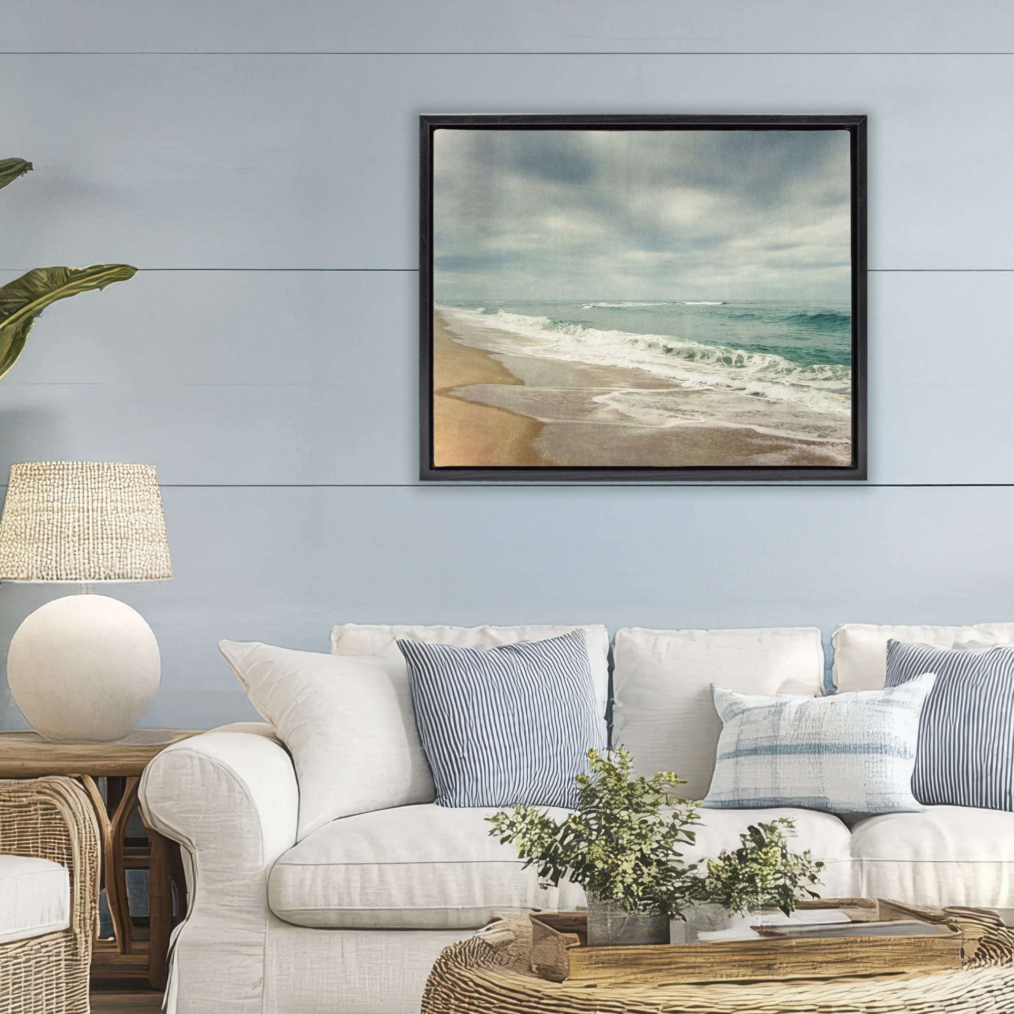 Stupell Industries Tranquil Waves Along Sandy Coast Black Framed Floater Canvas Wall Art, design by Dirk Wüstenhagen