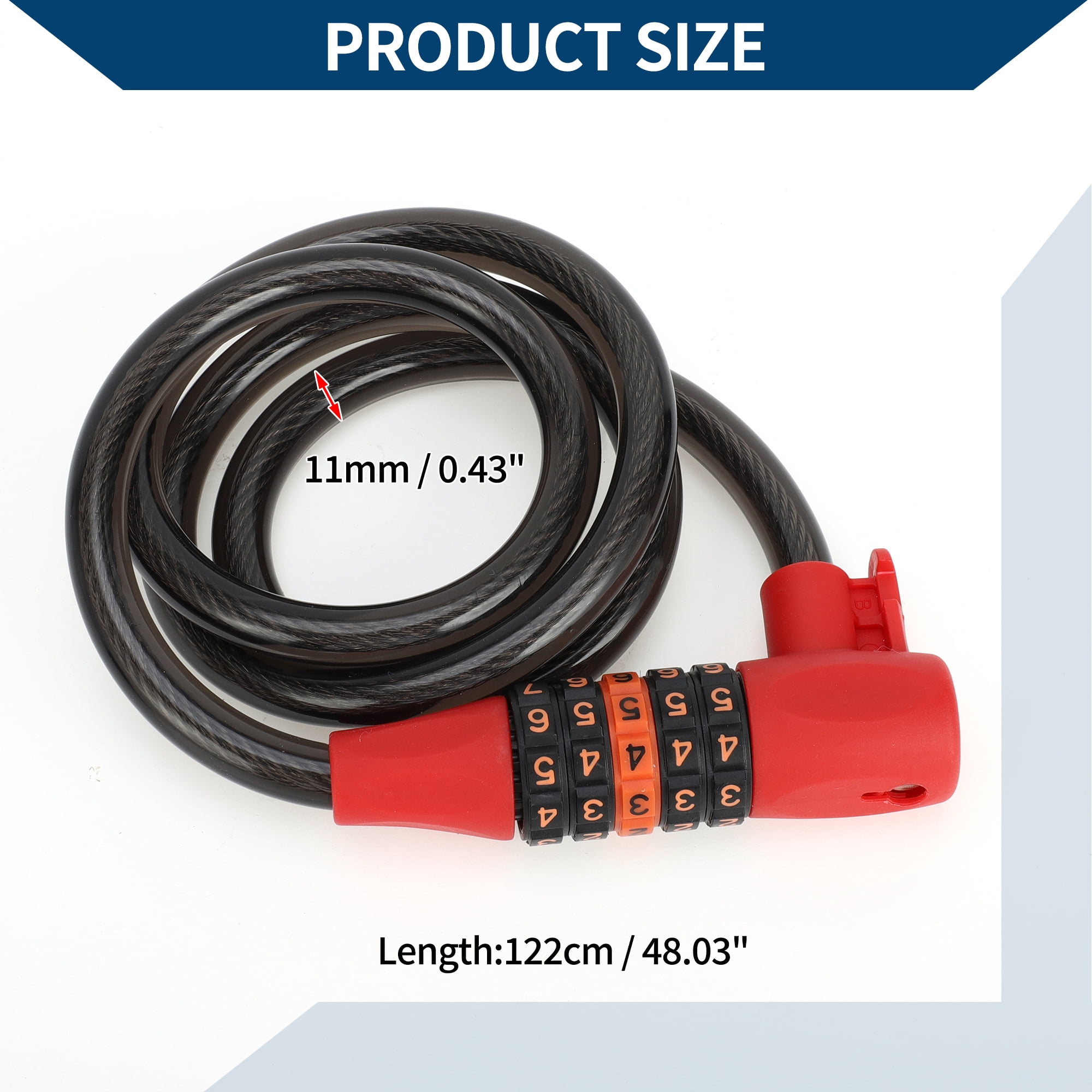Unique Bargains Extended Bike Cable Lock for Mountain Bike Heavy Duty Resettable 5 Digit Bike Lock 122cm Black Red 1 Set