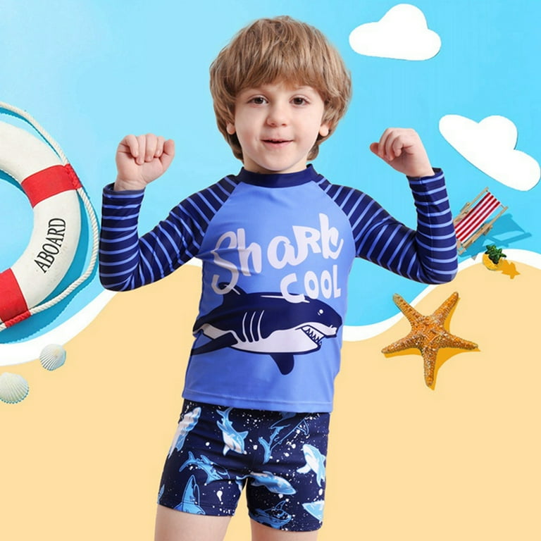 Kids Boys UPF 50 UV Swimwear Sun Protective Long Sleeve Two Piece Swimsuit Cartoon Printed Swimwear Light Blue 6Years