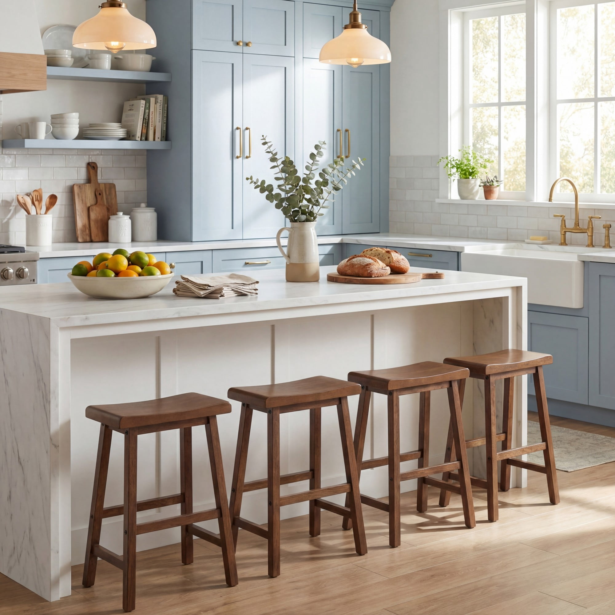 ELLEGNT 4 PCS Solid Wood Saddle Bar Stools - Backless with Footrests, Wooden Counter Stools Brown