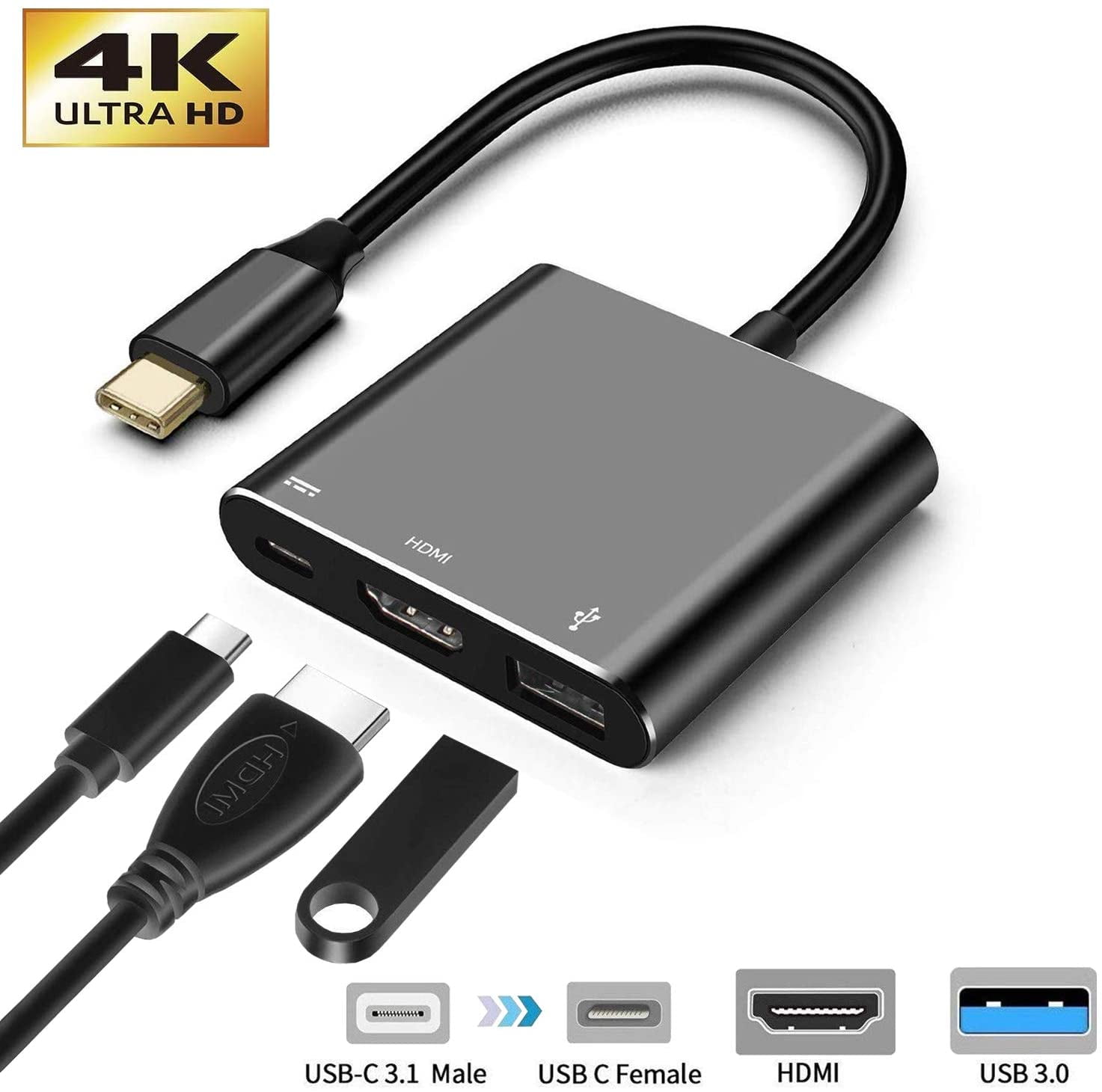 AMALINK USB-C to HDMI Cable Space Grey 4K 6 feet USB-C to HDMI with USB Charging Port Galaxy S9/S8/Note 8 Latest Ultrabook with USB-C for MacBook 2017 Thunderbolt 3 Compatible