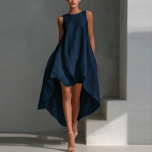 ClodeEU Women's Sleeveless High Low Hem Tunic Dress,Casual Loose Fit Swing Dress with Pockets Blue,Women's Plus L