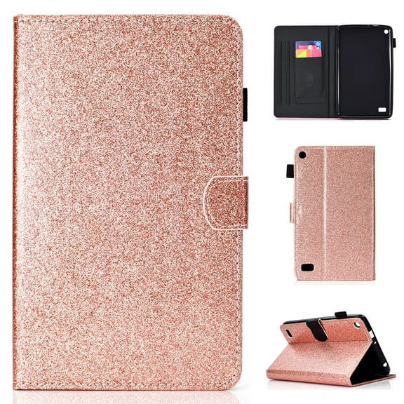 Fire 7 2015 Case (5th Generation ONLY), Allytech Glitter Leather Slim Fit Lightweight Shockproof Super Protective Kickstand Folio Book Cover with Pencil Holder for Amazon Kindle Fire 7 2015, Rosegold