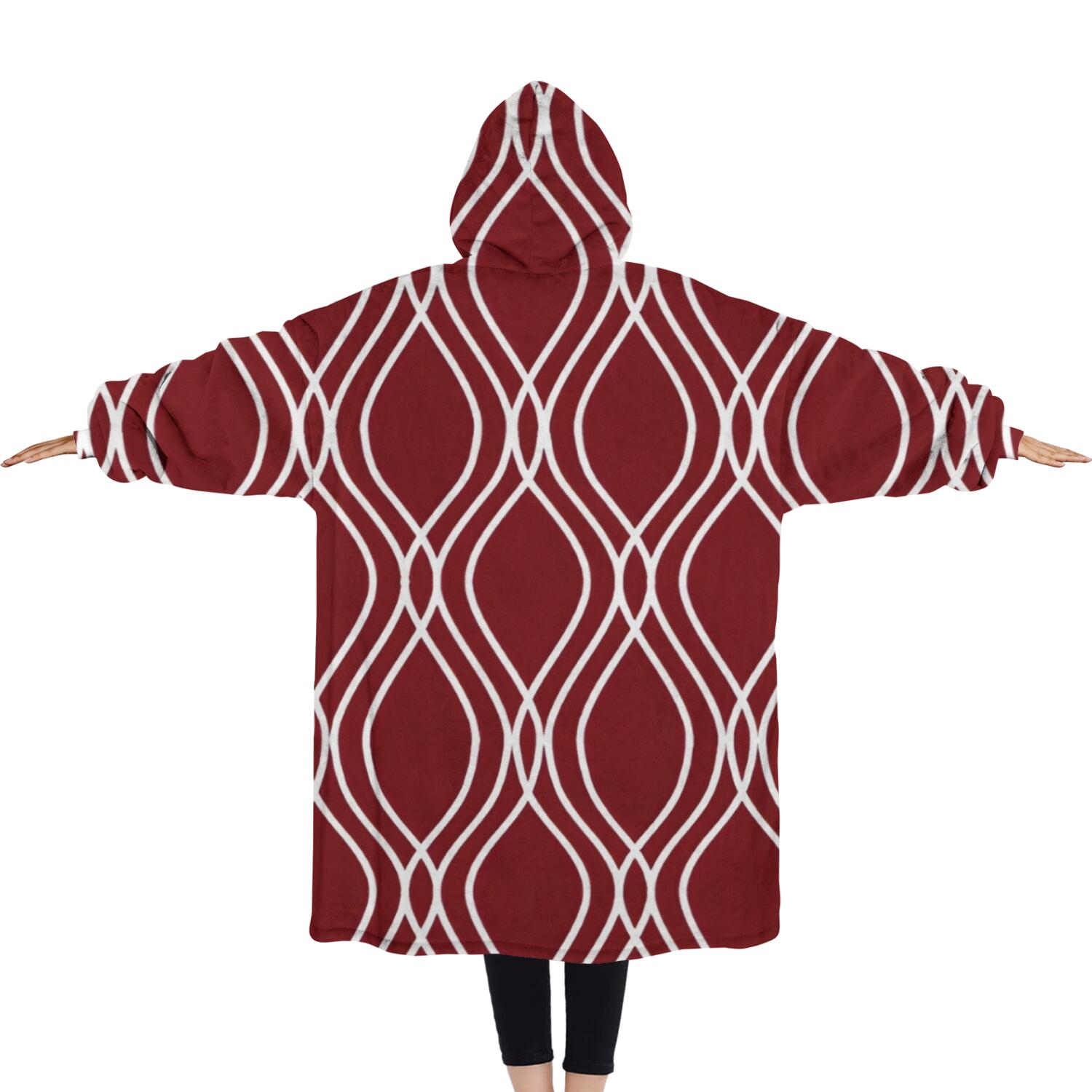 Oversized Wearable Blanket Hoodie,Burgundy and White Wavy Pattern Sherpa Blanket Hoodie with Super Pockets,Super Warm Fuzzy Pullover for Women & Men