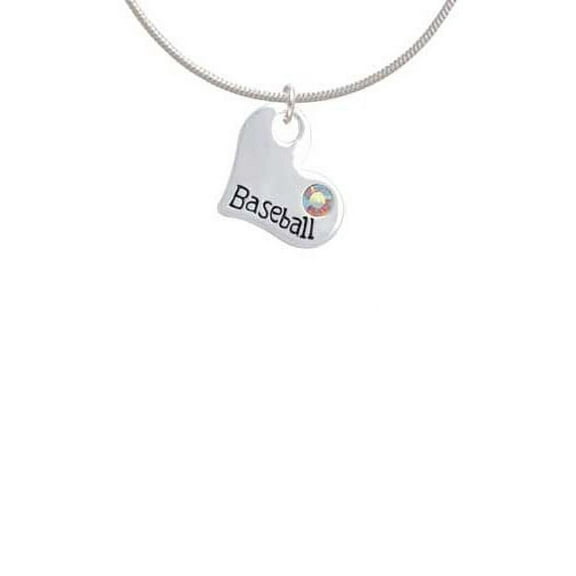Heart with ''Baseball'' and AB Crystal Charm Necklace, 18" 2" Extender
