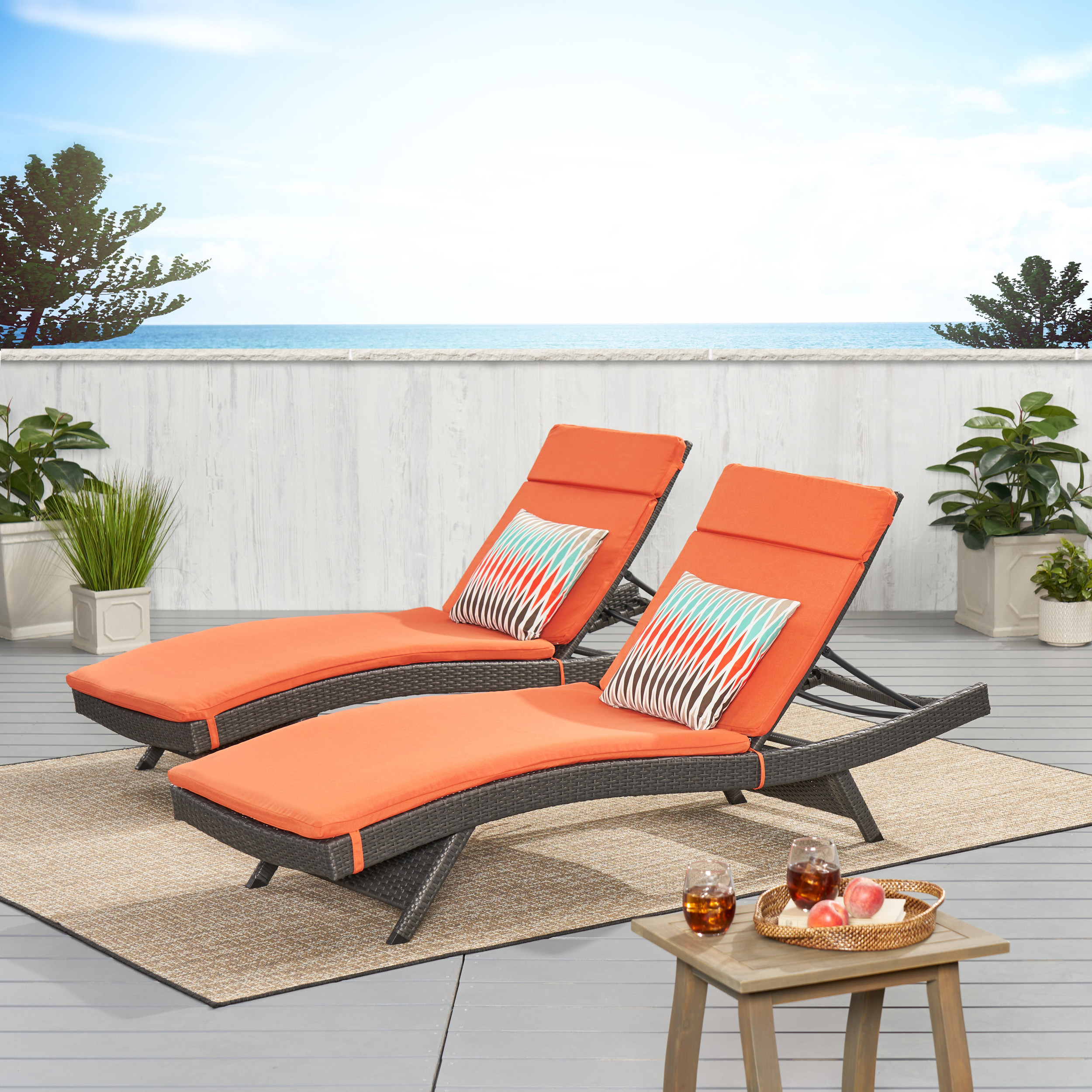 Noble House Anthony Outdoor Wicker Lounge with Cushion, Set of 2, Grey, Orange