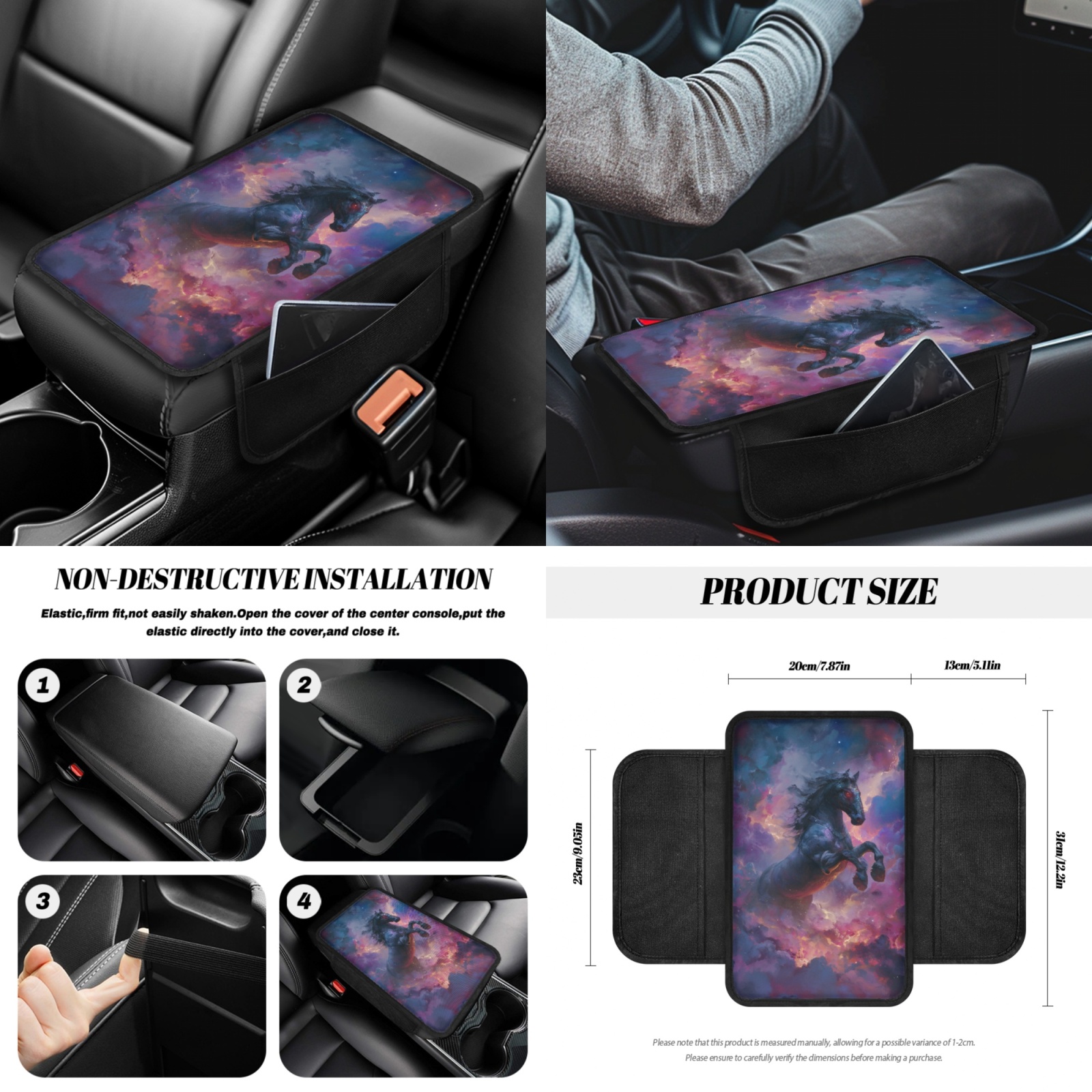 Renewold Black Horse Galaxy Car Seat Cover Full Set 14 Pack, with Steering Wheel Seat Belt Rear View Mirror Center Console Trash Can Coaster Gear Shift Knob Cover Set Universal Fit for Most Vehicles