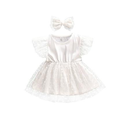 

Qtinghua Toddler Baby Girls Summer Outfits Princess Party Dress Polka Dot Print Lace Mesh Tutu Dress and Headband Clothes White 12-24 Months